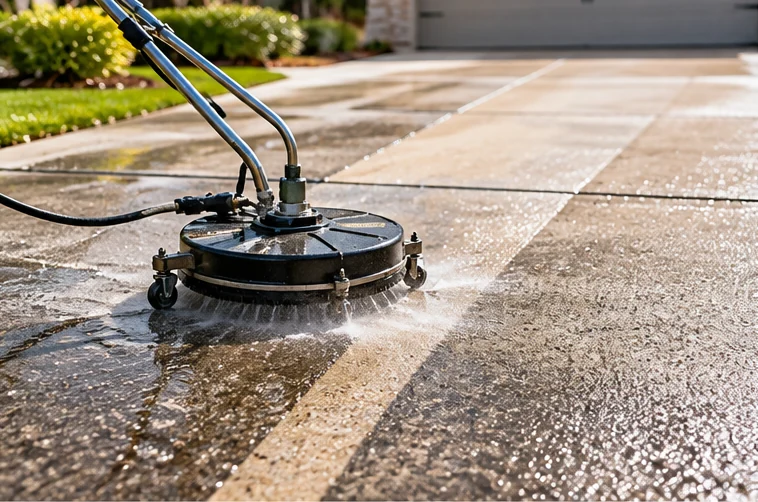 Conceptual illustration of a professional surface cleaner refreshing a driveway