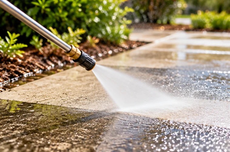 Illustrative pressure washing of a concrete walkway