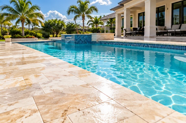 Illustrative clean pool deck at a sunny Florida home